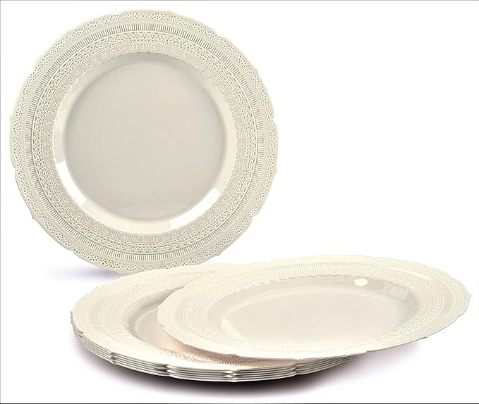 " OCCASIONS " 320pcs set (40 Guests)-Extra Heavyweight Vintage Wedding Disposable/Reusable Plastic Plates 40 x 11'' + 40 x 8.25''+Silverware+Cups+Napkins (Chateau Collection Ivory)