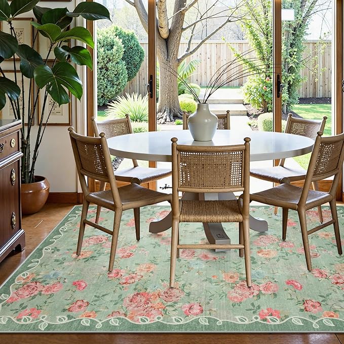 Lahome Washable Rugs 8x10,Boho Green Rugs for Living Room,Floral Vintage Bedroom Rug Non Slip Carpet for Living Room Farmhouse,Dining Room,Kids Playroom (8'X10',Green)