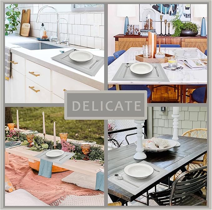 DACHUI Placemats Set of 6, Linen Look Woven Place Mats, Water Resistant, Heat Resistant, Washable, Durable Table Mats (Silver)