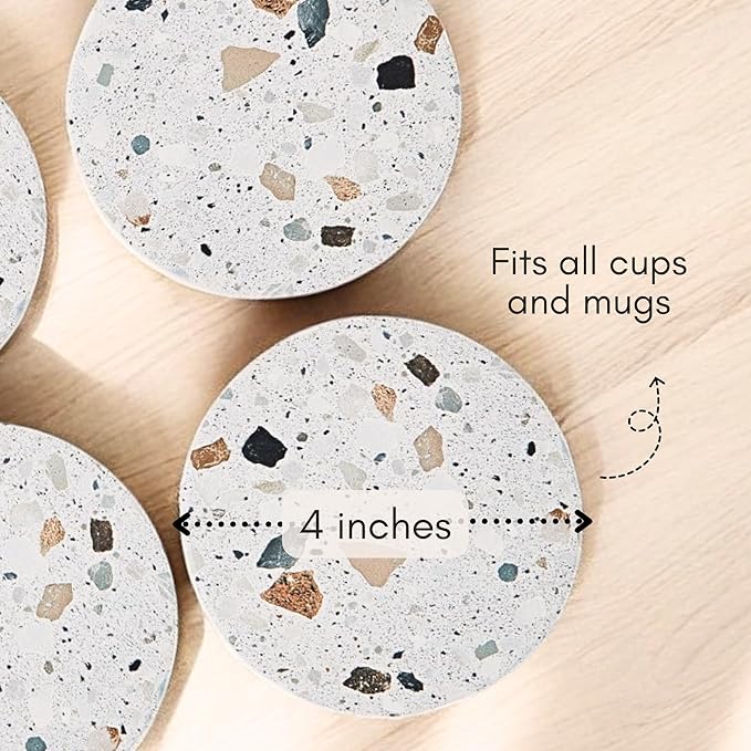 Terrazzo Coasters Set of 6, Ceramic Absorbent Drink Coasters, Cute Moisture Absorbing Coaster, Coffee Table Desk Decor, Colorful Stone Coaster for Drinks (Granite with Black Holder)