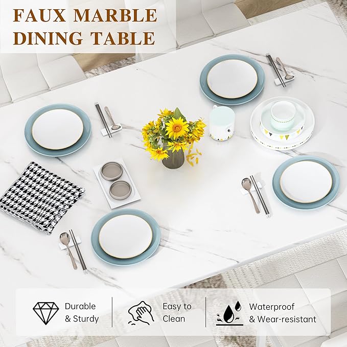 AWQM Dining Table Set for 4,Faux Marble Kitchen Table and Chairs Set of 4, Modern Dining Room Table Set for 4,Dinner Table with 4 Leather Chairs, Dinette Set for Small Spaces,White