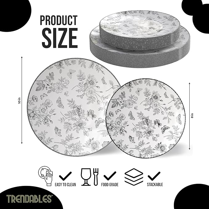 Trendables Disposable Plates For Party Supplies | Black Floral Plastic Plates For Wedding 200 Pcs - 100 X 8 & 100 X 10 Dinner Plate Sets | Floral Plate Set Disposable Plastic Dinnerware Sets