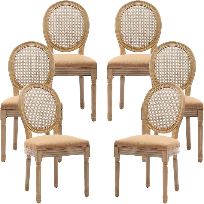 Vintage French Rattan Dining Chairs Set of 6, Round Back Accent Chairs with Rattan Backrest and Upholstered Linen Seat, Solid Wood Frame Sillas de Comedor for Dining Room & Kitchen, Camel