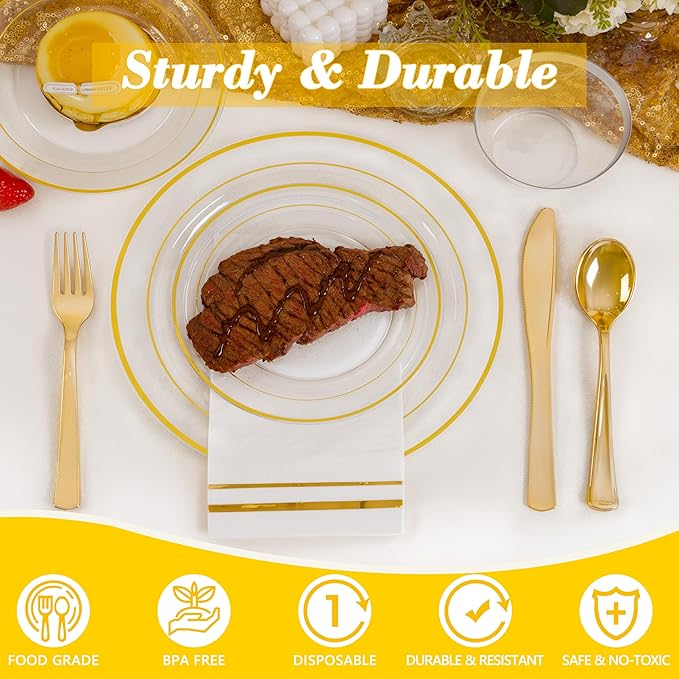 GATHER 350PCS Clear Gold Plastic Plates - Disposable Gold Dinnerware Sets Includes 100 Gold Rim Plastic Plates, 150 Silverware, 50 Napkins, 50 Cups for Party, Wedding