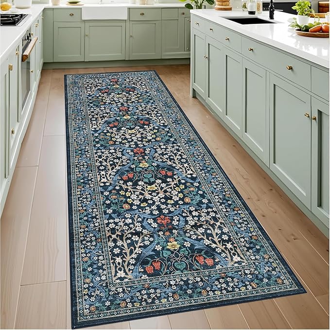 GarveeHome Kitchen 2x6 Runner Rug, Floral Washable Rugs for Hallways Non Slip Stain Resistant, Boho Soft Rug Botanical Carpet for Entryway, Laundry Room, Bedroom Floor Mat, Dark Blue