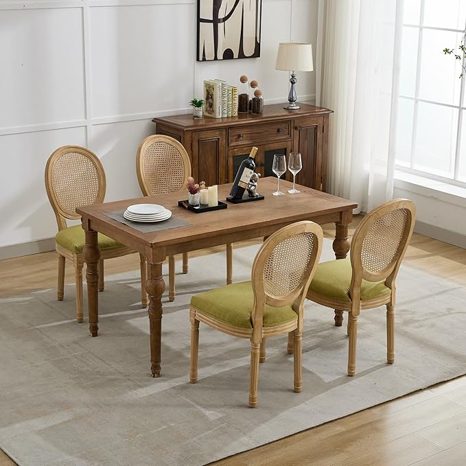 Vintage French Rattan Dining Chairs Set of 6, Round Back Accent Chairs with Rattan Backrest and Upholstered Linen Seat, Solid Frame Wood Sillas de Comedor for Dining Room & Kitchen, Olive Green