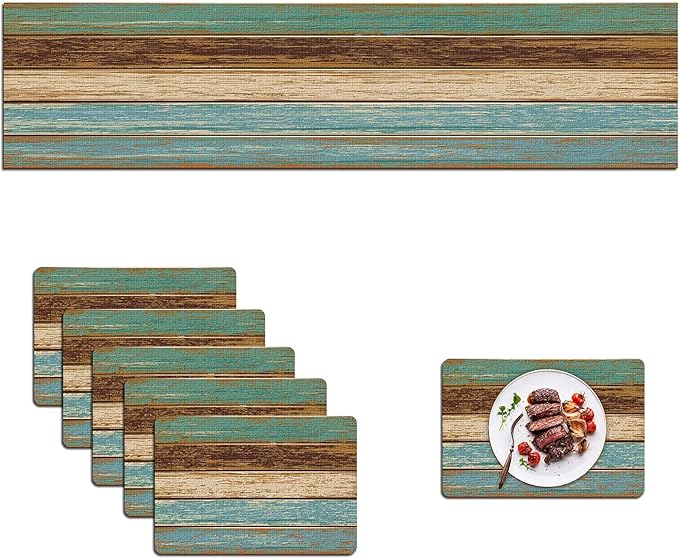 Mcalk Farmhouse Table Runner and Placemats Set of 6 Pieces, Teal and Brown Placemats Wooden Texture,Rectangle Cloth Place Mats Indoor for Kitchen,Washable Placemats Linen Material for Living Table