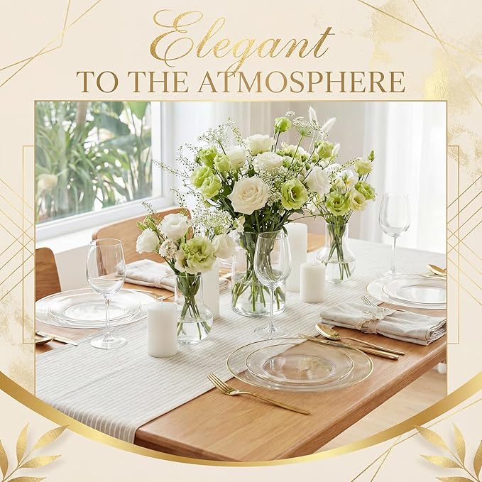 I00000 Clear Plastic Plates with Gold Rim,Fancy Clear Disposable Plates,Nice Disposable Plates Set include 30 Dinner Plate,30 Dessert Plate, 90 plastic Silverware Set for Valentine's Day