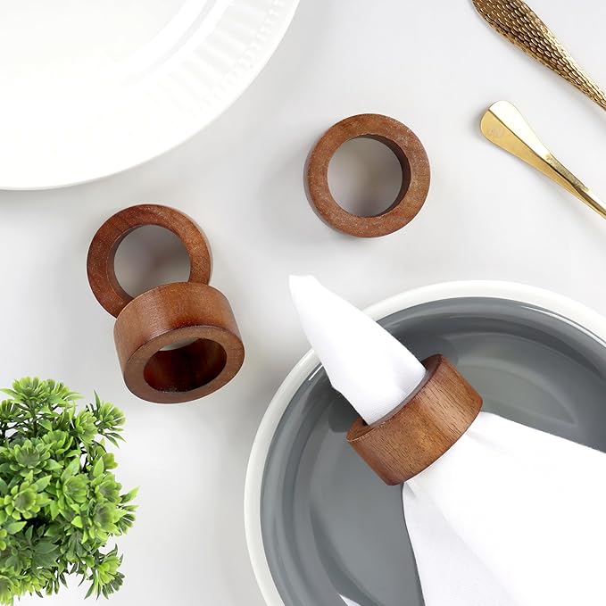 ALPHA Living HOME Handmade Wood Napkin Rings Set of 12 - Dining Table Napkin Holder, Classic Everyday Use Thanksgiving, Christmas Napkin Rings Buckles, Festive Party Gift (Brown)