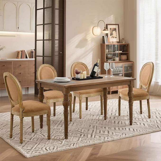 SoarFlash French Dining Chairs Set of 4, Vantage Dining Chair with Round Back, Wood Leg Farmhouse Country Dining Chair for Kitchen,Bedroom,Brown