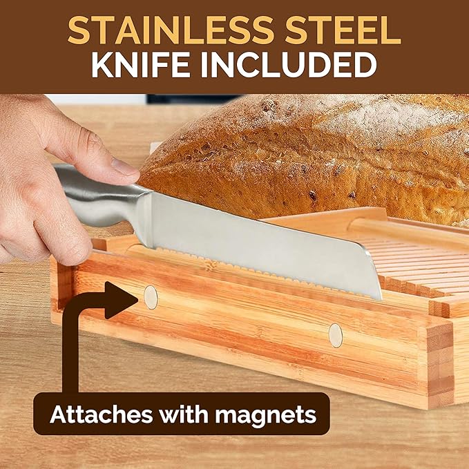 Bread Slicer for Homemade Bread - Adjustable Bamboo Bread Cutter with Knife, Foldable Slicing Guide & Crumb Tray - Bread Loaf Slicer for Sourdough, Cakes, Bagels, Loaves - Kitchen Gadgets Baking Gifts