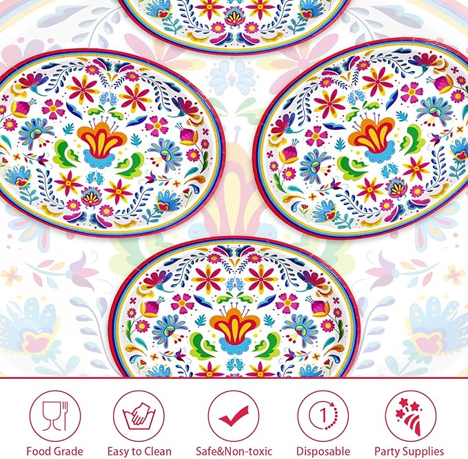 50Pcs Mexican Fiesta Oval Paper Plates 10" x 12" Large Disposable Heavy Duty Colorful Mandala Floral Party Plates Cinco De Mayo Dessert Platters for Taco Tuesday Birthday Party Supplies Decor