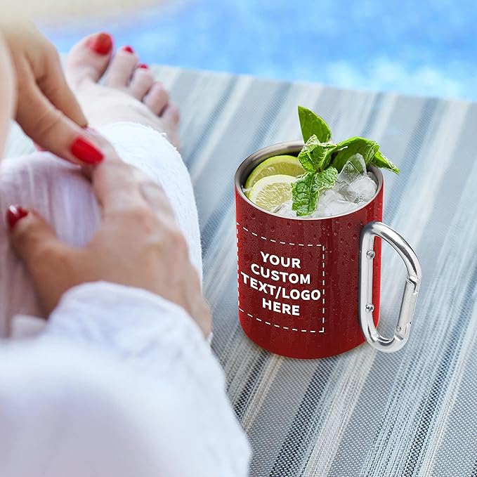 Custom Stainless Steel Mugs with Carabiner Handle 10 oz. Set of 100, Personalized Bulk Pack - Perfect for Coffee, Soda, Other Hot & Cold Beverages - Red