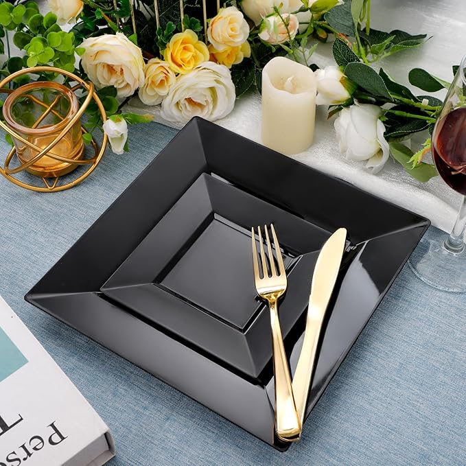Liacere100PCS Black Plastic Plates-Premium Black Square Disposable Plates-Include 50PCS 9.5inch Dinner Plates - 50PCS 6inch Dessert Plates for Party&New Year&Halloween