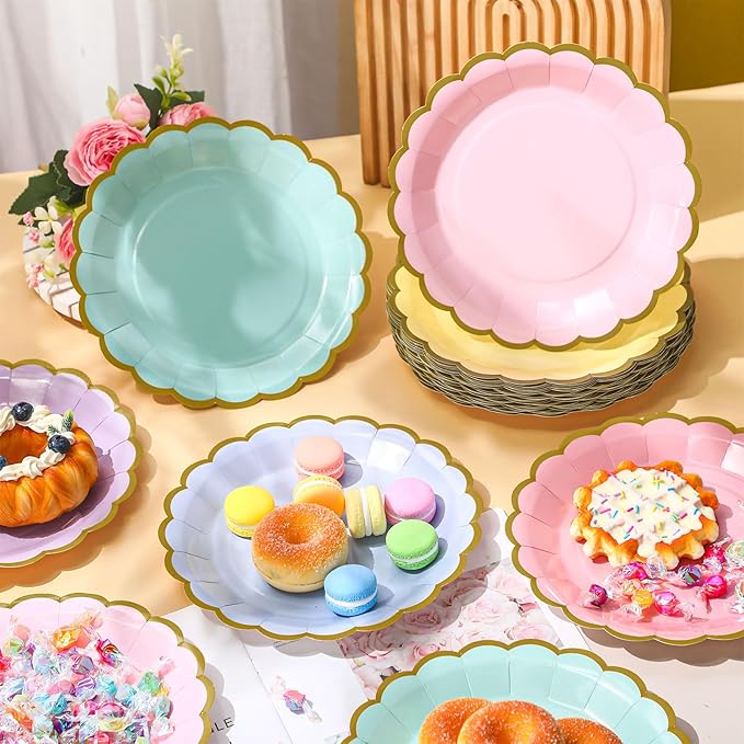 48 Pcs Pastel Rainbow Paper Plates 9 Inch Gradient Color Scalloped Paper Disposable Dinner Dessert Plates for easter Birthday Wedding Bridal Party Supplies, 6 Colors