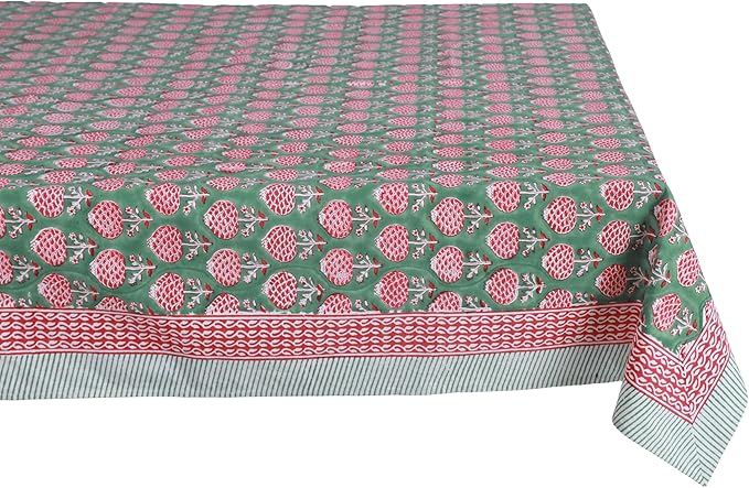 ATOSII Roma Green 100% Cotton Fall Autumn Rectangle Tablecloth, Hand Block Print Washable Table Cover, Christmas Parties Buffet Dining, Weddings, Thanksgiving, Preppy Decor 60 X 108 Inches 8 Seater
