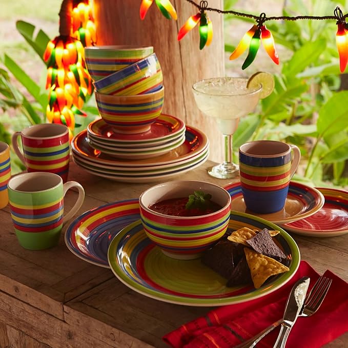 BrylaneHome 16 Piece Santa Fe Dinnerware Set (Service for 4), Includes Dinner & Salad or Dessert Plates, Bowls, Mugs, Colorful Stripe Southwestern Fiesta Pattern - Multi Stripe