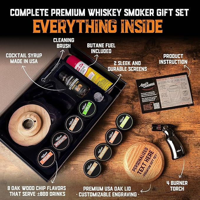 Personalised Whiskey Smoker Kit with Torch & Butane with Oak Wood Chips - Custom Engraved Smoke Lid for Bourbon & Old Fashioned Cocktails - Unique Whiskey Gifts for Men - Fits Various Glasses