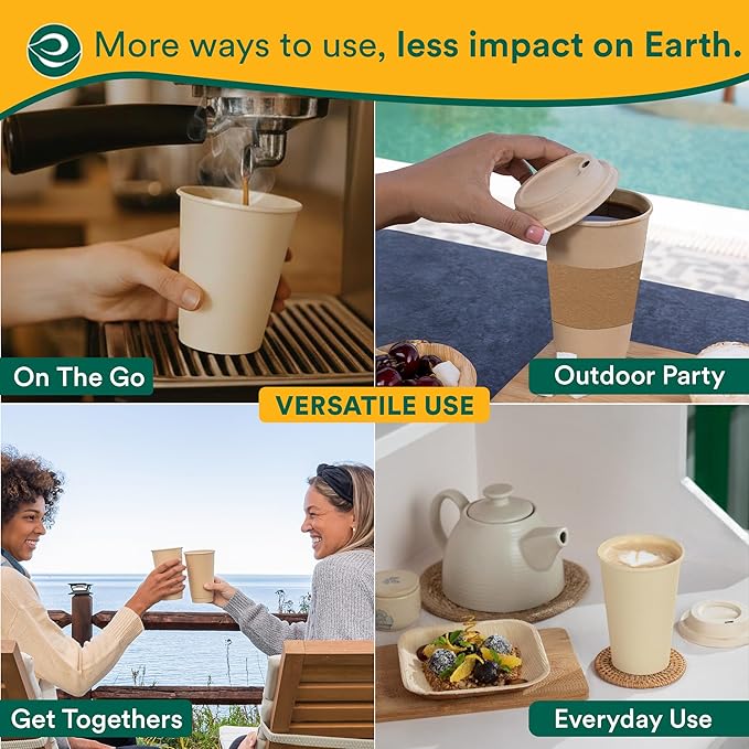 ECO SOUL 50 Pack 12 oz Disposable Coffee Cups Eco-Friendly, Biodegradable, Compostable, Leak-free & Sturdy To Go Hot Drink Travel Bagasse Cup for Tea, Chocolate, Party, Picnic & Cafe, Office & Home