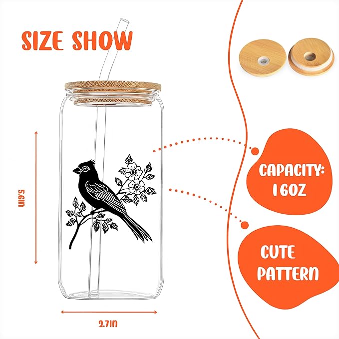 Cute Cardinal Glass Cup With Lids And Straws, Cardinal Gift For Women, Iced, Coffee, Smoothie, Cocktail, Beer, Whiskey, Soda, Matcha,16 Oz, Home Office Table Desk Decoration!
