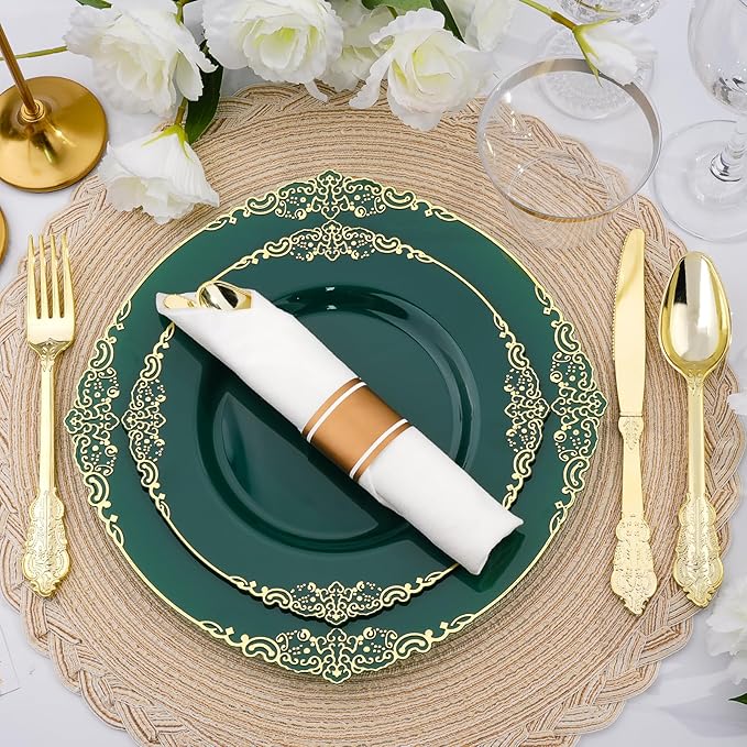 350 PCS Green and Gold Plastic Plates, Plastic Dinnerware Set for 50 Guests, 100 Disposable Plates, 150 Silverwares, 50 Cups, 50 Napkins for Party, Wedding, Graduation