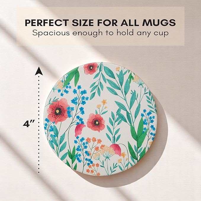 Ceramic Absorbent Floral Coasters Set of 6 with Holder, Drink Coasters for Coffee Table, Water-Absorbing Stone Coasters (Blossom)