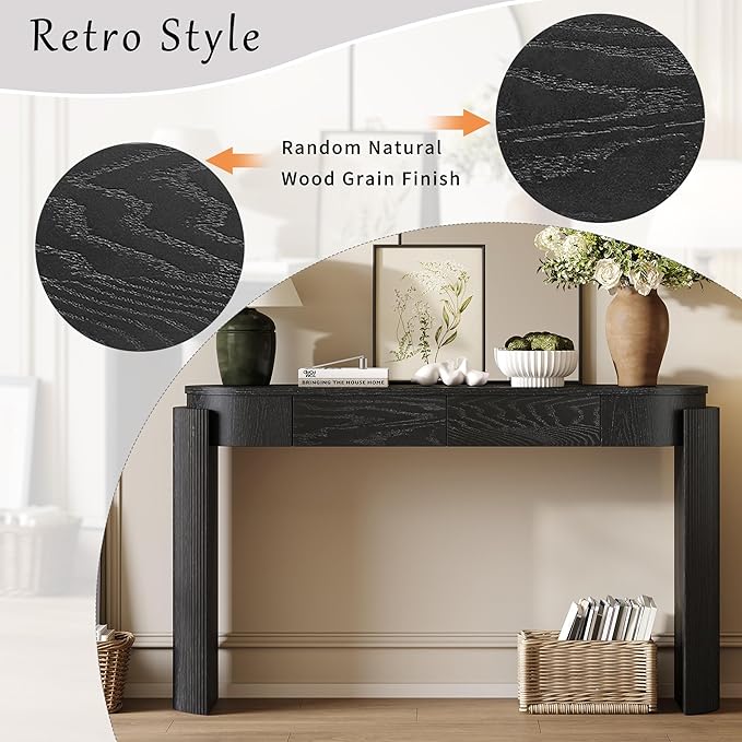Merax 55" Entryway Table with Oval Top and 2 Drawers, Natural Wood Grain Finish Console Table with Fluted Design for Entryway and Living Room (Black)