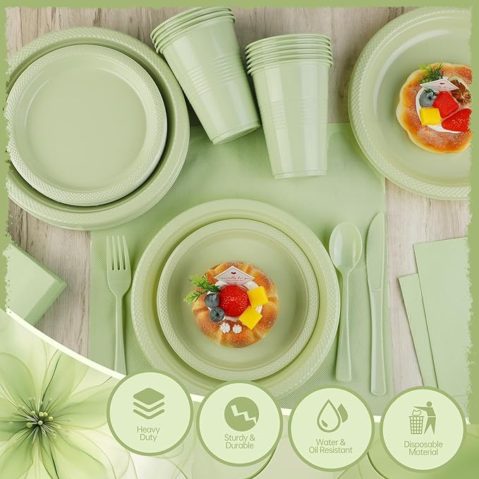 Kochorie 240 Pieces Sage Green Plastic Dinnerware Set Disposable Heavy Duty Plates Napkins Cups Silverware Dessert Dinner Plates for Birthday Wedding Baby Shower Party Supplies, Serves 30 Guests