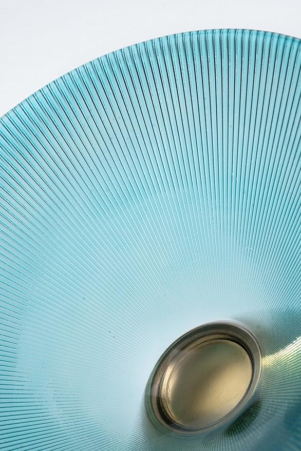 Tapered Glass Decorative Bowl (Blue), 9.8 Inches Handblown Striped Design Fruit Bowl with Rust-Resistant Metal Base for Home Decor, Table Centerpiece, Kitchen Island and Dining Decor