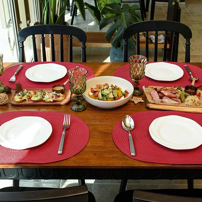 Noctiflorous Oval Braided Placemats Set of 6 Woven 12x18 Inch Non Slip Washable Heat Resistant Place Mats Round Tablemats for Dining Kitchen Party Daily Table Decor Dinner Mats (Red, 6)