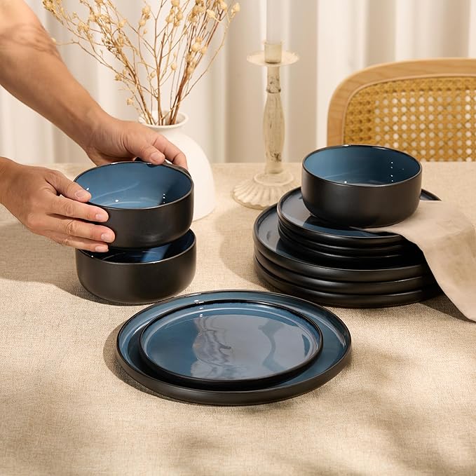 Dinnerware Set, 12 Piece Service for 4, Vase and Vessel, Ceramic 10.5” Dinner Plates, 8.2” Salad Plates and 20 oz Bowls, Stoneware, Somerset Collection (Black/Slate Blue)
