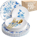 Trendables Fancy Plastic Dinnerware Sets 200 Pc Set 40 Guests Gold Silverware Disposable 40 X 10 Inch Charger Plates 40 X 8 Inch Dessert Plates 40 x Gold Plastic Forks and Spoons Knives In Botanical