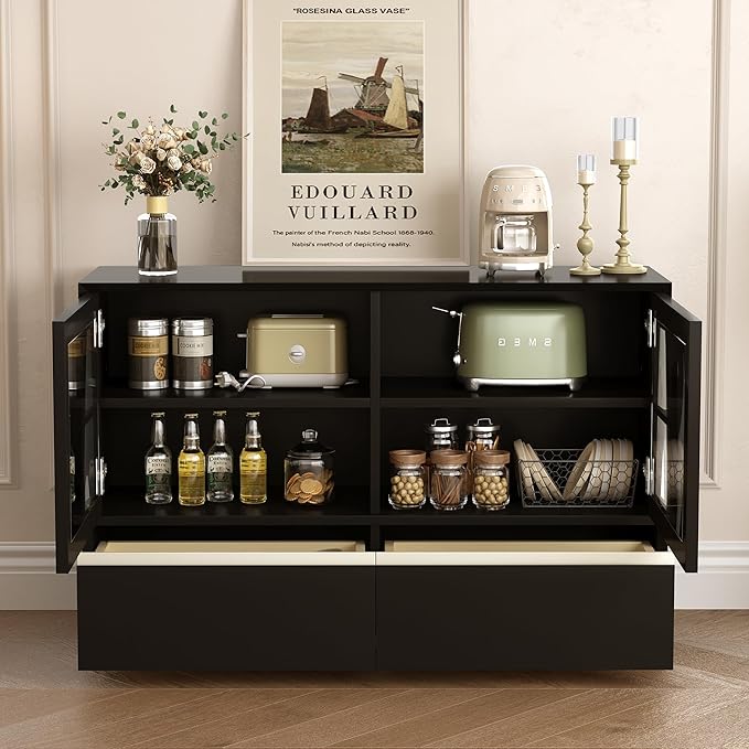 47.24" Solid Wood Storage Cabinet Organizer with Glass Doors & Drawers, Black Sideboard Buffet Cabinet for Living Room, Dining Room, Entryway, Kitchen & Home Office