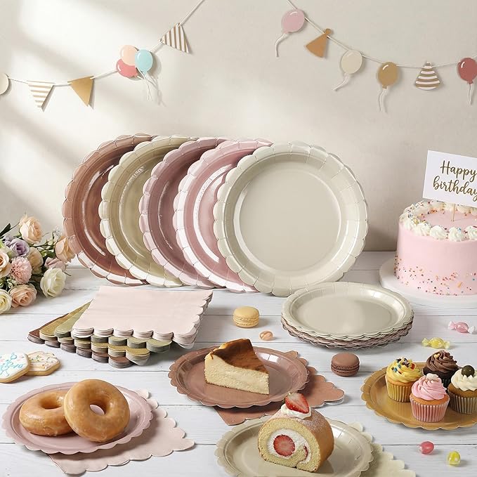200pcs Boho Party Supplies Plates and Napkins Tableware Set Serve 25 Guests Includes Scalloped 9" 7" Paper Dessert Dinner Plate Napkins for Spring Birthday Wedding Baby Shower Tea Party