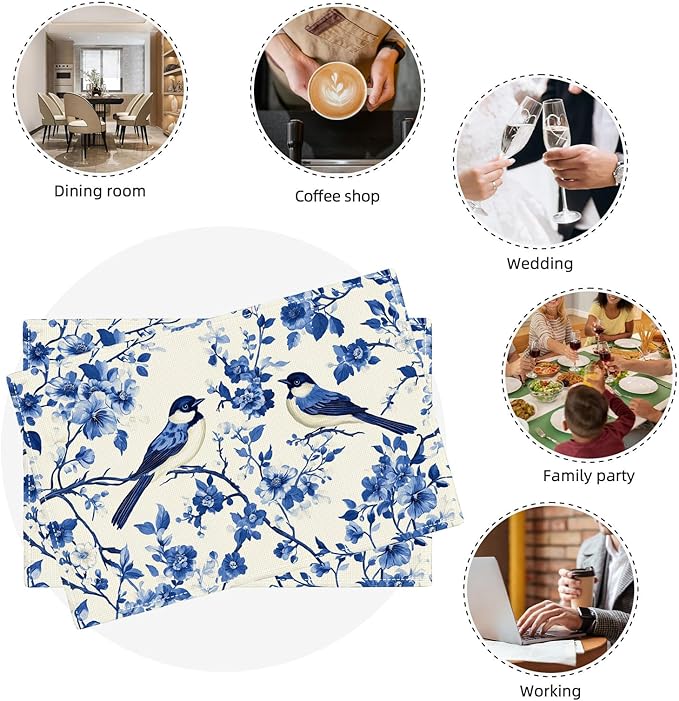 Flower Bird Placemats Set of 6, Blue Birds Place Mats,Blue and White Floral Waterproof Washable Table Mats for Home Party Indoor Kitchen Dining Table Decoration 12x18 Inch