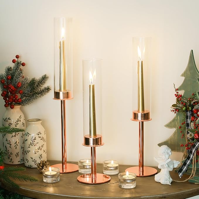 Hurricane Candle Holders Set of 3 Metal Candlestick Holder for Glass Taper Tall Candle Holders with Crystal Chimney Tube Candles Stands for Home Decor, Christmas, Dinning (3, Rose Gold)
