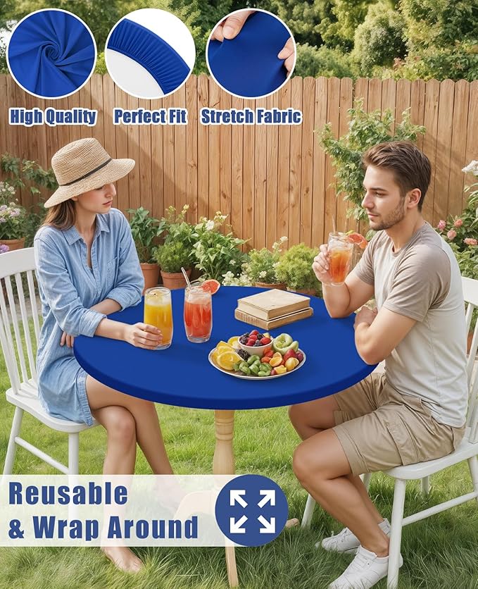 Round Spandex Tablecloth, Elastic Fitted Waterproof Tablecloths for 57"-68" Tables, Stretch Washable Picnic Table Cover for Camping, Dining, Indoor and Outdoor, Blue