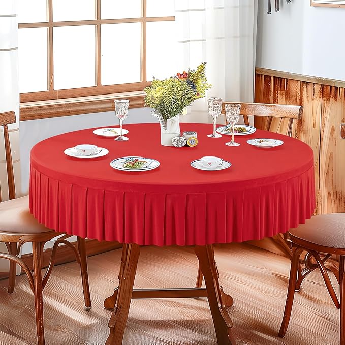 8 Pack Red Spandex Round Tablecloths for 60 inch Table, Stretchy Fitted 5FT Table Cloths with Wrinkle Free Skirt for Wedding Party Dining Banquet