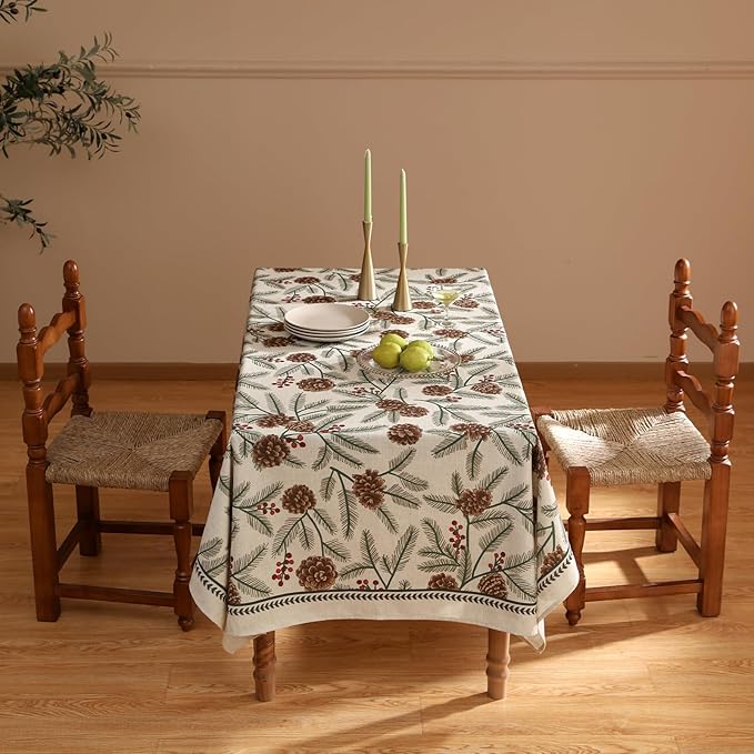 ISAENNE Designer Christmas Beige Linen Extra Long Tablecloth Rectangle,Pinecones Pattern Indoor Table Cloths,Washable Decor Tablecloths for Dining Thanksgiving Kitchen,63"*110"-Carol B
