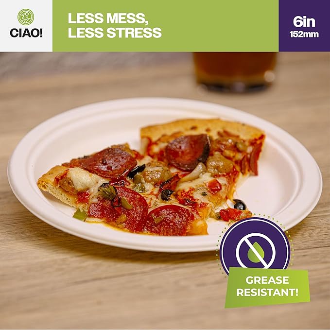 CIAO! 6" Heavy Duty Plate 100% Compostable Ecofriendly PFAS Free Unbleached Bagasse Natural White (Pack of 1,000)