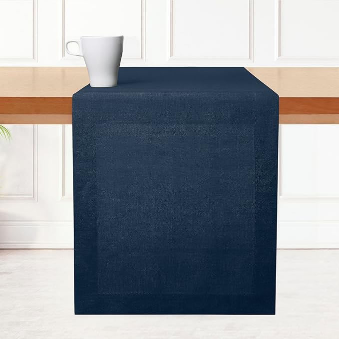 D'Moksha Homes Linen Navy Blue Table Runner 90 Inches Long - 100% Pure Linen 14 x 90 Inch Table Runner for Dining, Easter - Machine Washable