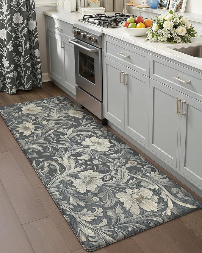 Color&Geometry Floral Kitchen Mat 24"x87", Anti Fatigue Kitchen Mats for Floor, Kitchen Rugs Non Slip, Waterproof & Oil Proof Padded Runner for Standing Desk Office, Sink - Grey