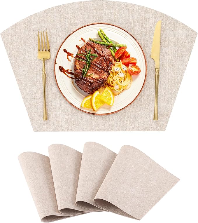 Homaxy Round Table Placemats Set of 4, Washable Wedge Shaped Faux Leather Table Mats, Wipeable Kitchen Dinner Place Mats for Indoor Outdoor, Beige