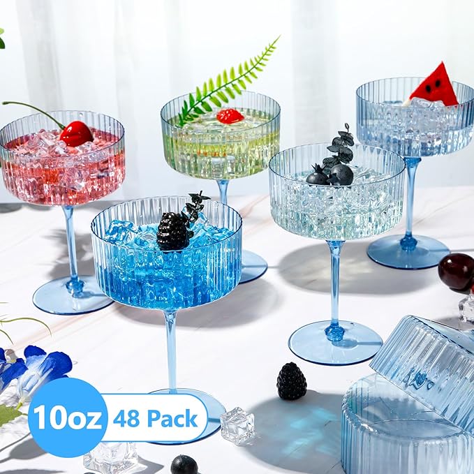 48 Pcs Ribbed Martini Glasses 10 oz Disposable Plastic Vintage Ribbed Coupe Glasses Unbreakable Dessert Parfait Glassware for Wedding Birthday Party Supplies (Blue)