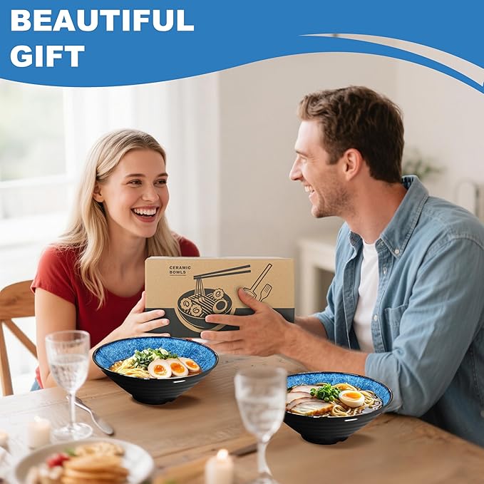 9.4-Inch 2 Sets Ceramic Ramen Bowl (8 Piece) - Japanese Porcelain Dishwasher Microwave Safe Salad Noodles Cereal Pasta Soup Large Bowls with Chopsticks Forks Spoons for Men Women Housewarming Gift