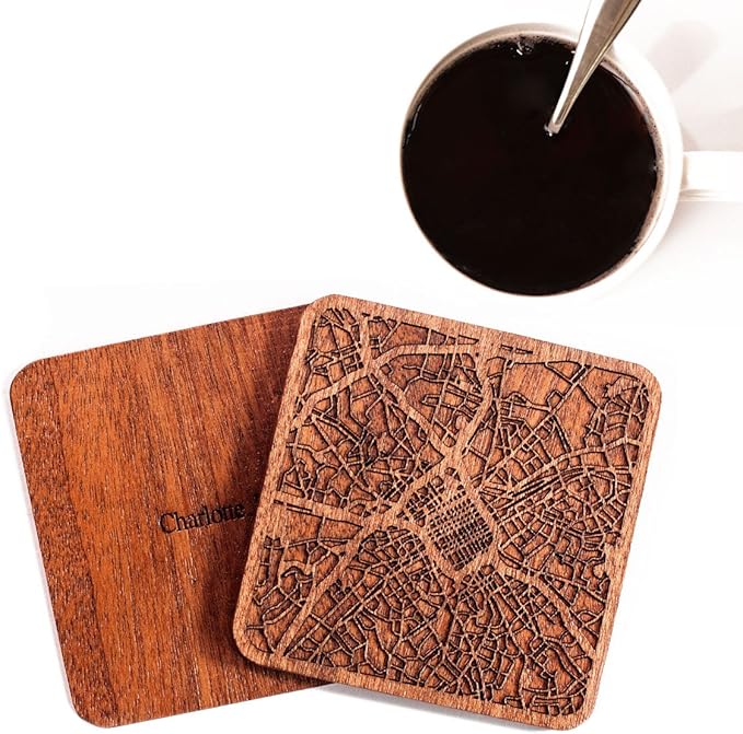 Charlotte, NC Map Coaster by O3 Design Studio, Set Of 4, Sapele Wooden Coaster With City Map, Handmade