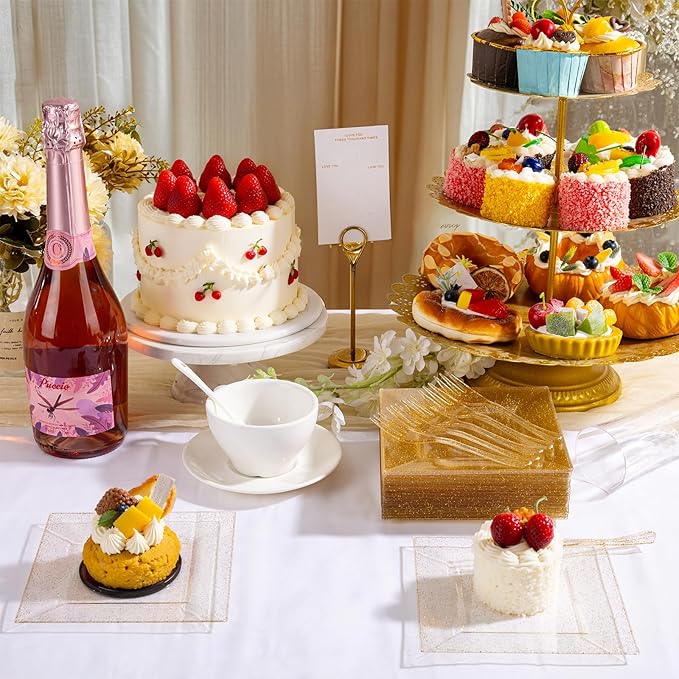 DaYammi 200Pcs Gold Dessert Plates Including 100Pcs Appetizer Plates 6",100Pcs Plastic Forks 5.7",Gold Glitter Plastic Square Plate for Party,Gold Salad Plate and Cake Forks for Party Wedding
