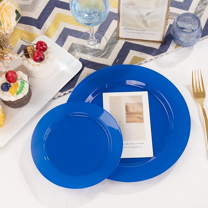 I00000 200 Pcs Plastic Plates, Plates Disposable Blue Party Plates Include 100 Blue Dinner Plate 10’’ and 100 Plastic Dessert Plate 7’’ Perfect for Wedding, Party