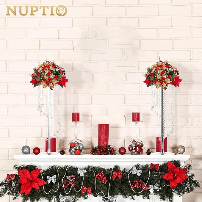 Nuptio Wedding Centerpieces Silver Vases: 10 Pcs 27.6in Tall Crystal Flower Vase Metal Flowers Stand for Party Tables Decorations - Elegant Bulk Weddings Decoration Table Chandelier Centerpiece stands