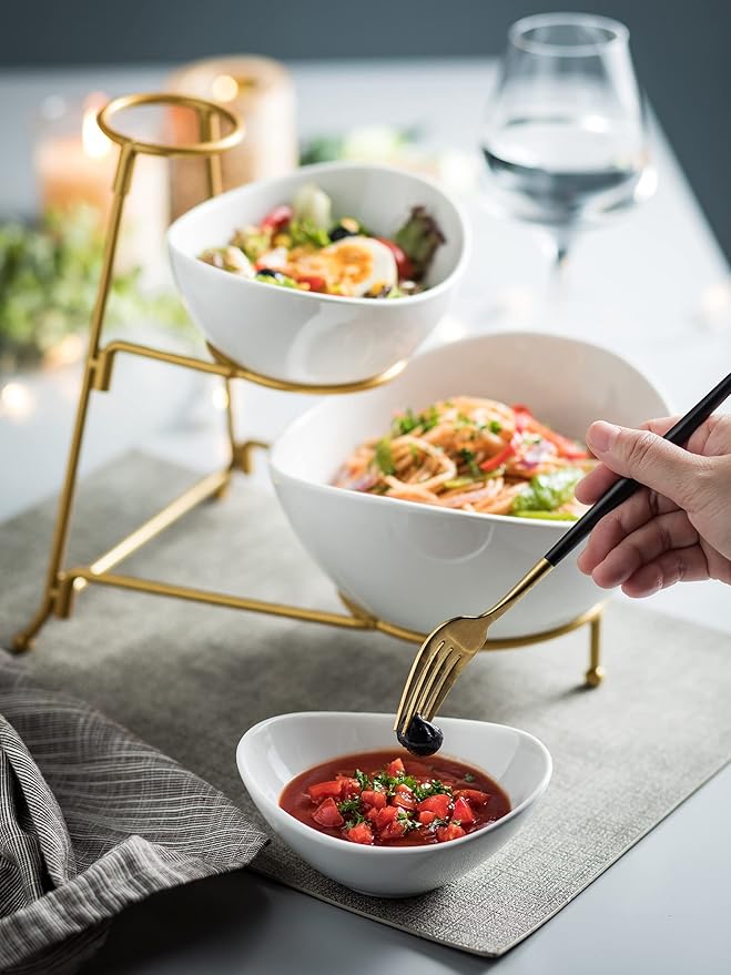 3 Tier Serving Bowls with Stand, Chips and Dip Serving Dishes Set for Entertaining Party, Ceramic Fruit Bowl for Salad Soup Snacks, Microwave & Dishwasher Safe